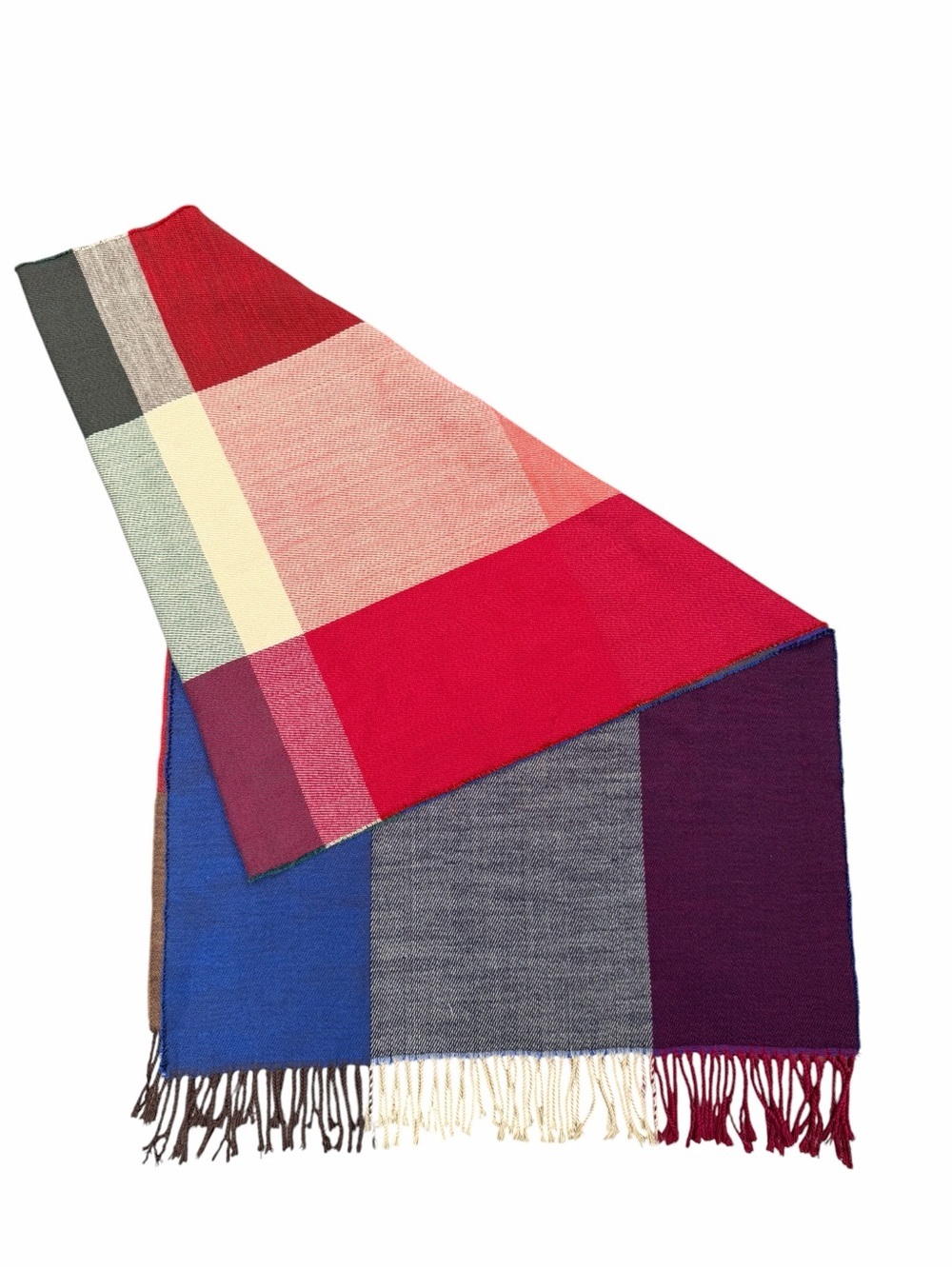 Multicolor Plaid Soft Scarf Fringe 24 x 76 Red Blue Purple Tan
